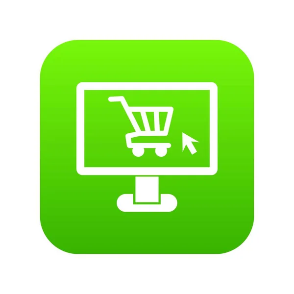 Monitor de computador com ícone de carrinho de compras verde digital — Vetor de Stock