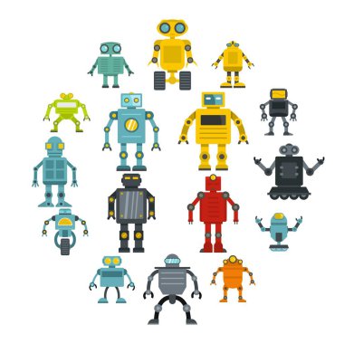 Düz stil robot Icons set