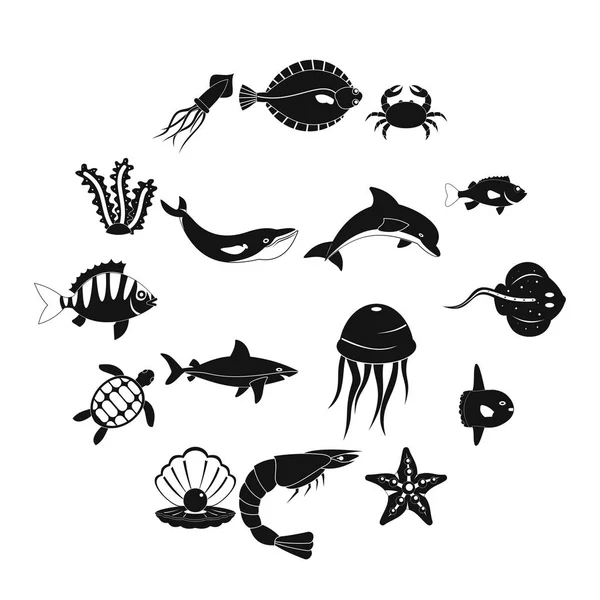 海の動物アイコンを設定、シンプルなスタイル — ストックベクタ