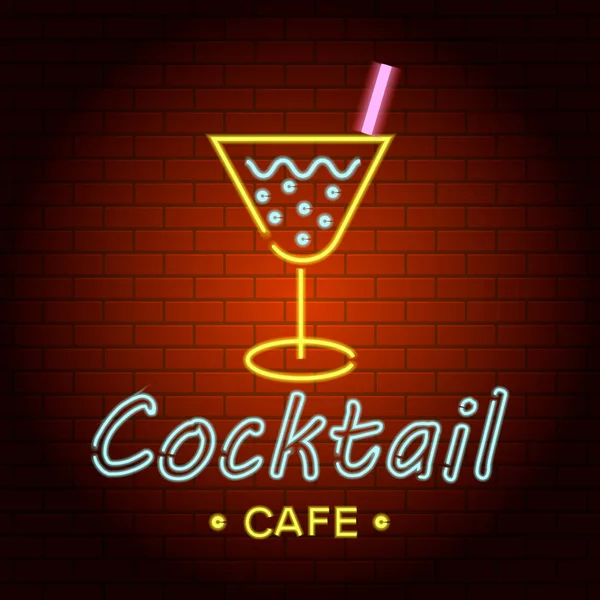 Cocktail cafe logo neon light icon, realistic style — Stock Vector