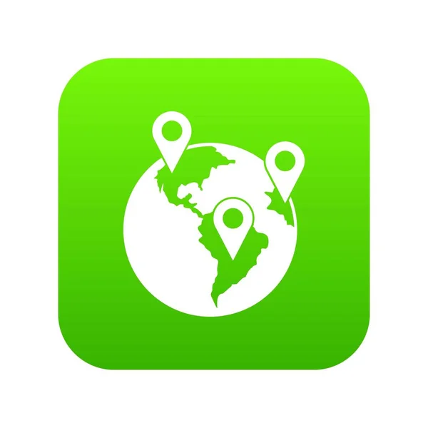 Globo y mapa punteros icono digital verde — Vector de stock