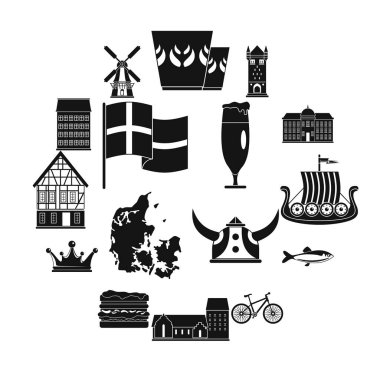 Danimarka seyahat Icons set, basit tarzı