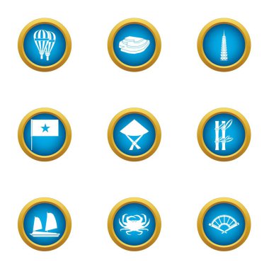 Asya'da mekanlar Icons set, düz stil