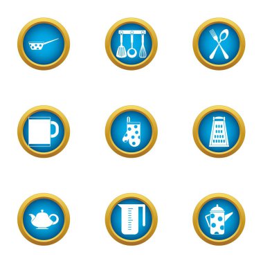 Çay kahvaltı Icons set, düz stil