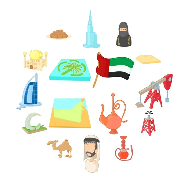 Conjunto de iconos de los EAU, estilo de dibujos animados — Vector de stock