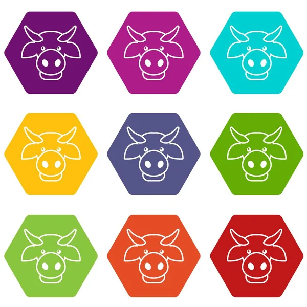 Cow huvud ikoner anger 9 vektor — Stock vektor