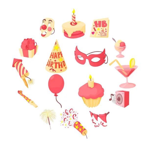 Joyeux anniversaire icônes ensemble, style dessin animé — Image vectorielle