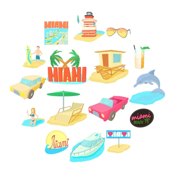 Conjunto de iconos de viaje de Miami, estilo de dibujos animados — Archivo Imágenes Vectoriales