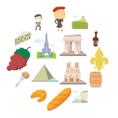 Fransa seyahat Icons set, karikatür tarzı