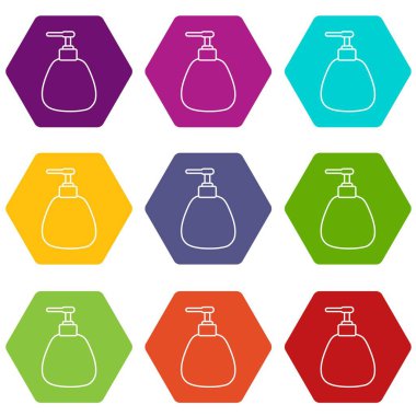 9 vektör dağıtıcı pompa kozmetik Icons set