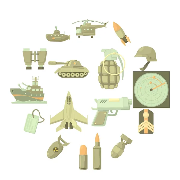 Ensemble d'icônes militaires, style dessin animé — Image vectorielle