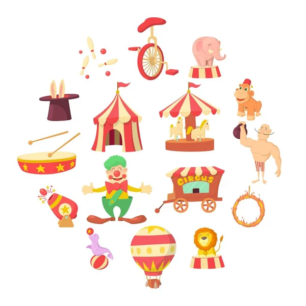 Ensemble d'icônes de cirque, style dessin animé — Image vectorielle