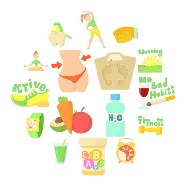 Set de iconos de estilo de vida saludable, estilo de dibujos animados — Vector de stock