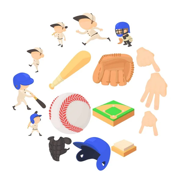 Ensemble d'icônes d'articles de baseball, style dessin animé — Image vectorielle