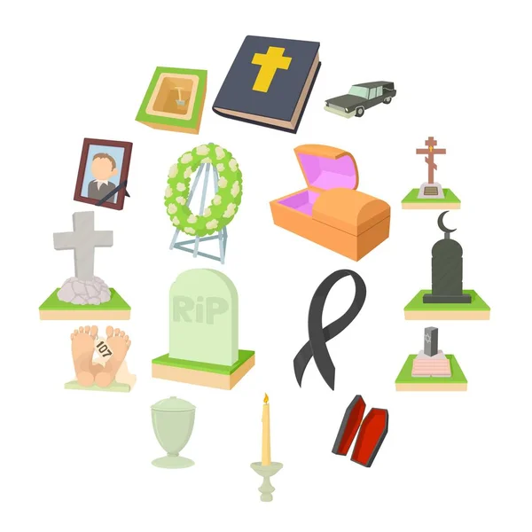 Set de iconos funerarios, estilo de dibujos animados — Archivo Imágenes Vectoriales