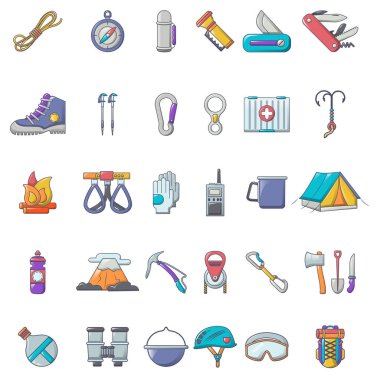 Dağcılık donanımları Icons set, karikatür tarzı