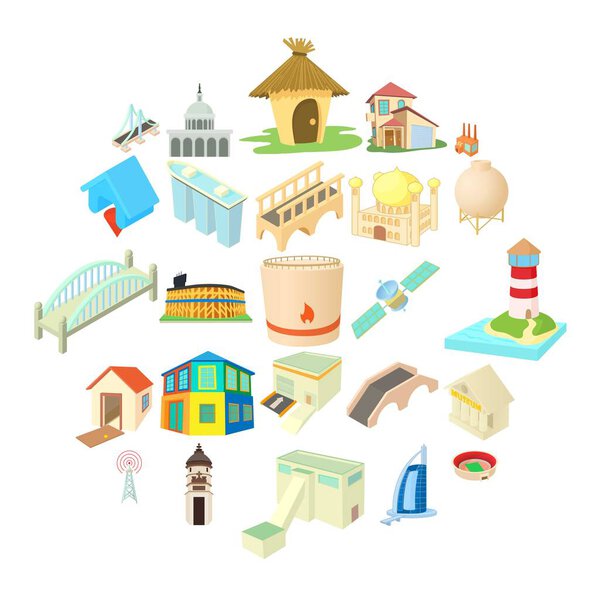 Facility icons set, cartoon style