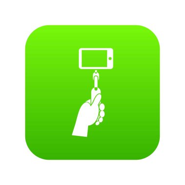 El bir selfie elinde sopa ile cep telefonu simgesini dijital yeşil