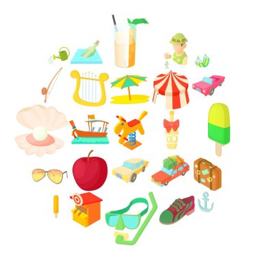 Tatil Icons set, karikatür tarzı ışık yürekli