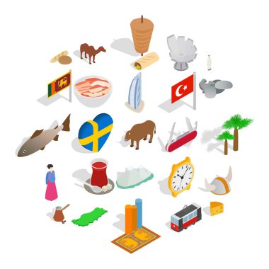 Tatil Icons set, izometrik stil üzerinde rahatlatıcı