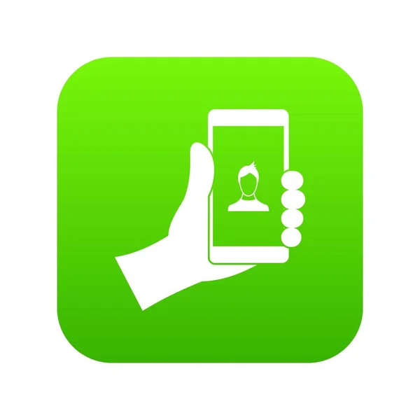 Mano sosteniendo smartphone con icono de la foto digital verde — Vector de stock