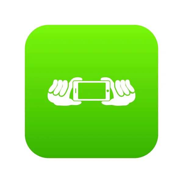 Two hands holding mobile phone icon digital green — Stock Vector
