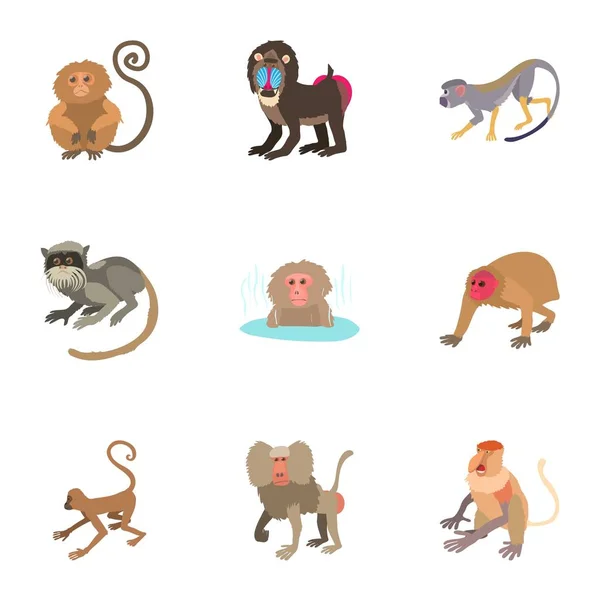 Set icone scimmia, stile cartone animato — Vettoriale Stock
