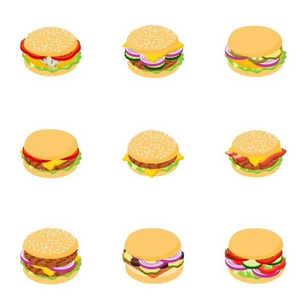 ハンバーガーのアイコンセット、漫画風 — ストックベクタ