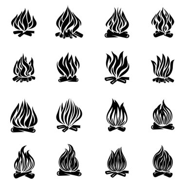 Şenlik ateşi alev ateş Icons set, basit tarzı