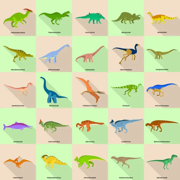 Tipos de dinosaurios firmados nombre iconos conjunto, estilo plano — Vector de stock
