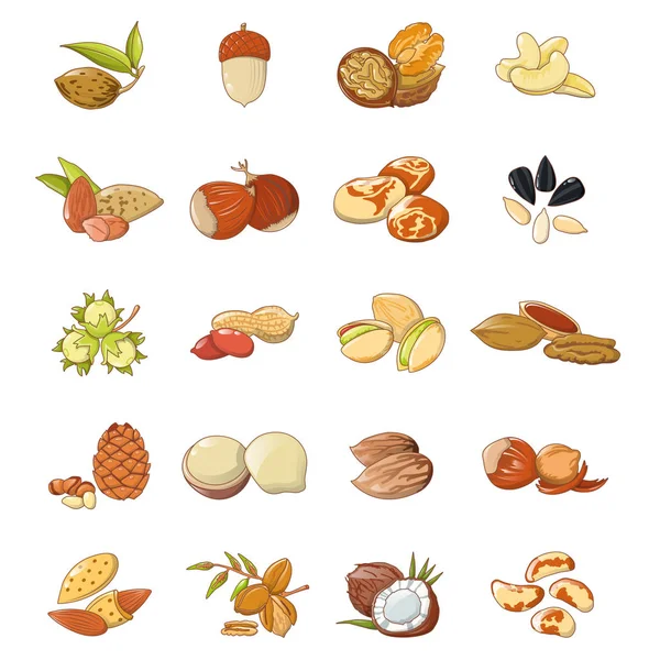 Set di icone alimentari di tipi di noci, stile cartone animato — Vettoriale Stock