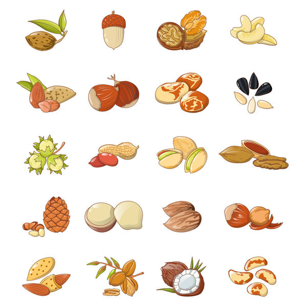 Nut types food icons set, cartoon style