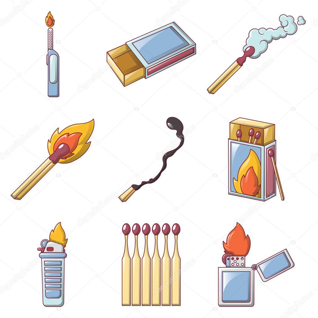 Safety match ignite burn icons set, cartoon style