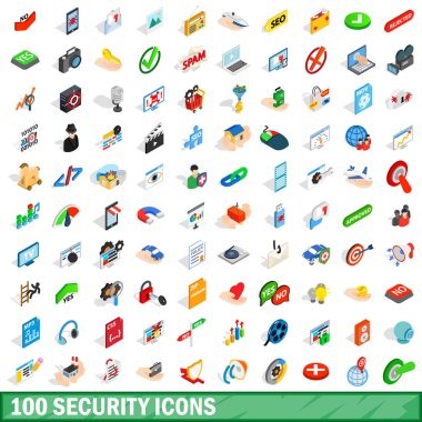 100 güvenlik Icons set, izometrik 3d stili