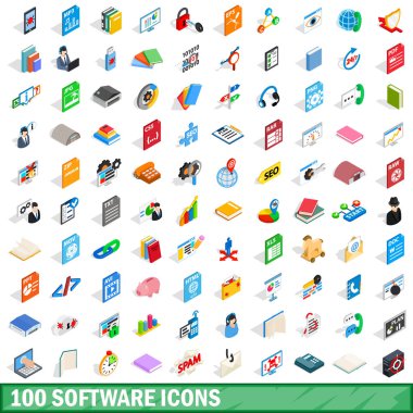 100 Yazılım Icons set, izometrik 3d stili
