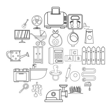 Ev aletleri Icons set, anahat stili