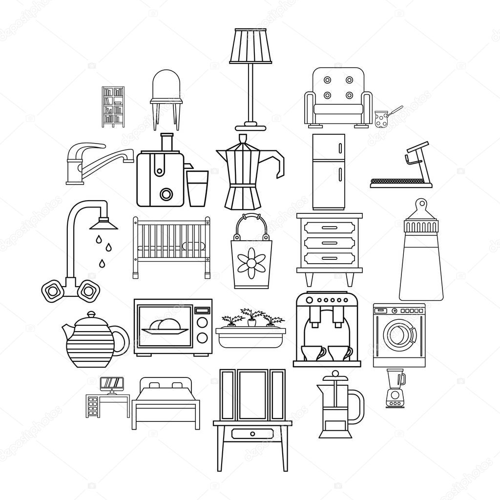 Room icons set, outline style