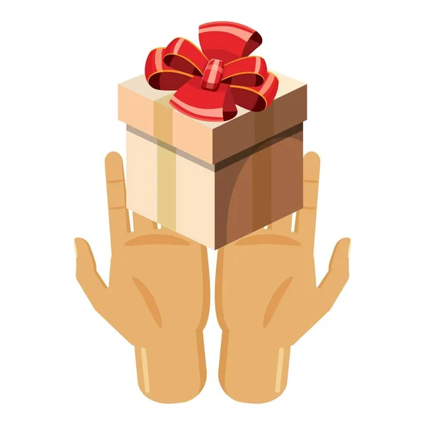 Mani in possesso di scatola regalo con icona di fiocco rosso — Vettoriale Stock