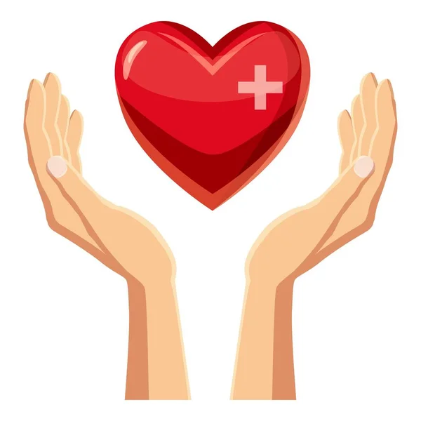 Händer som håller rött hjärta med cross ikonen — Stock vektor