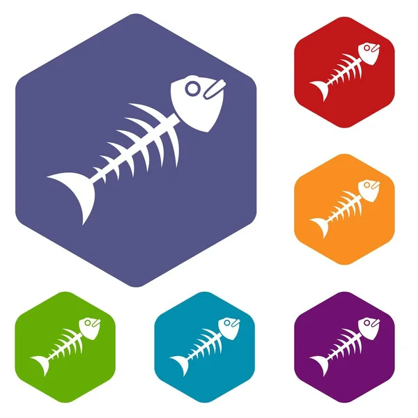 Conjunto de iconos de hueso de pescado hexágono — Vector de stock