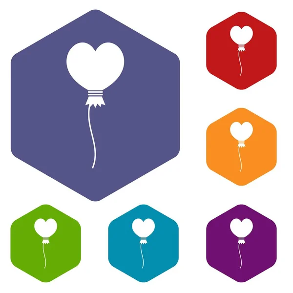 Μπαλόνι σε σχήμα καρδιάς εικονίδια σετ εξάγωνο — Διανυσματικό Αρχείο