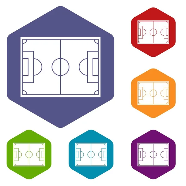 Ícones de campo de futebol conjunto hexágono — Vetor de Stock