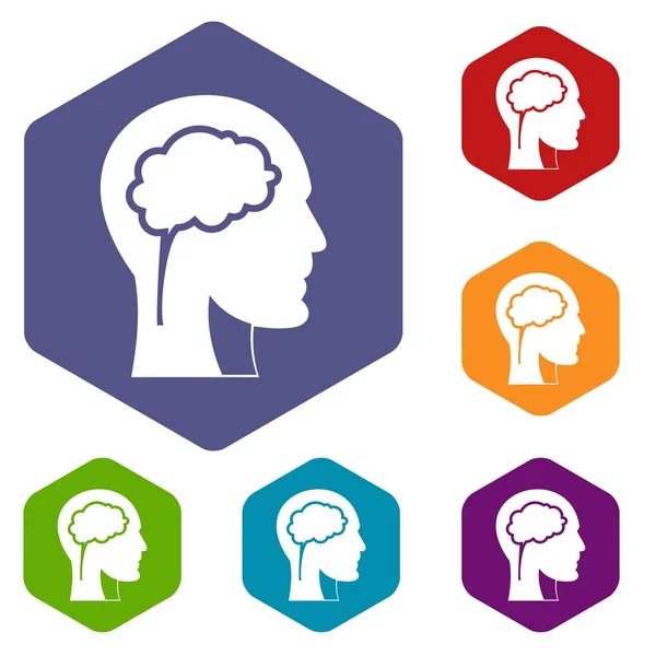 Head with brain icons set hexagon — Stock Vector