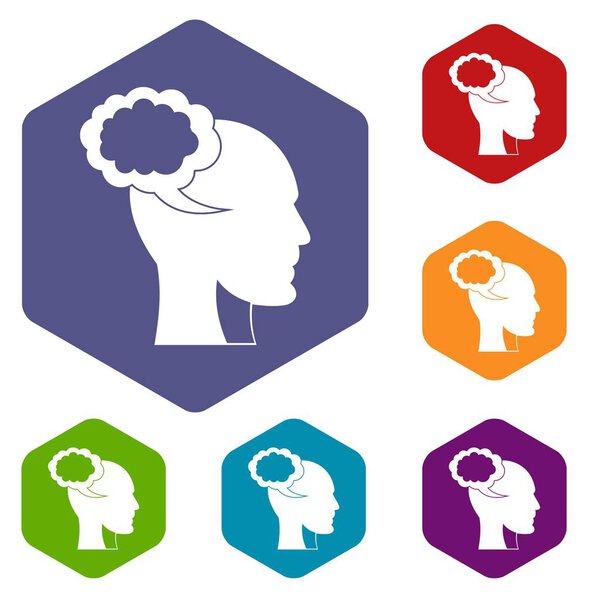 Speech bubble with human head icons set hexagon