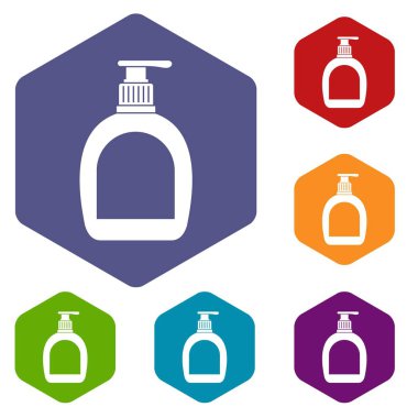 Şişe sıvı sabun simgeler kümesi altıgen izole vektör çizim ile