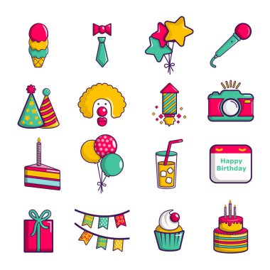 İyi ki doğdun Icons set, karikatür tarzı