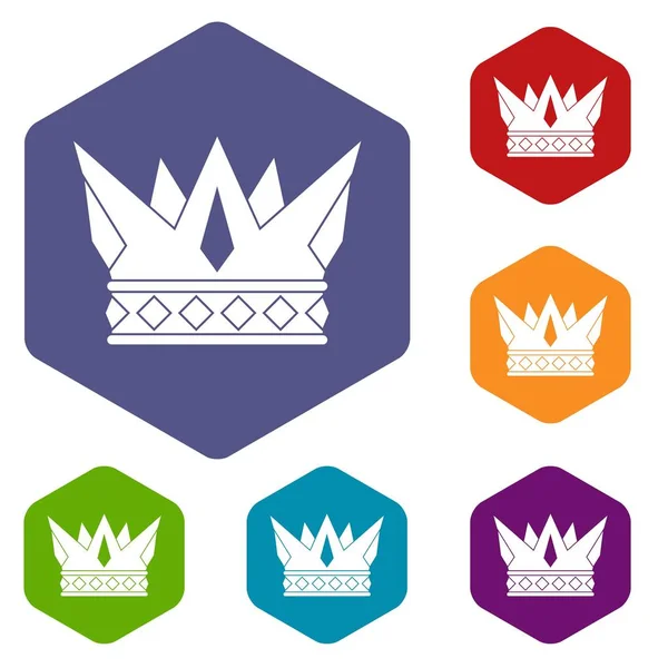 Cog crown icons set hexagon — Stock Vector