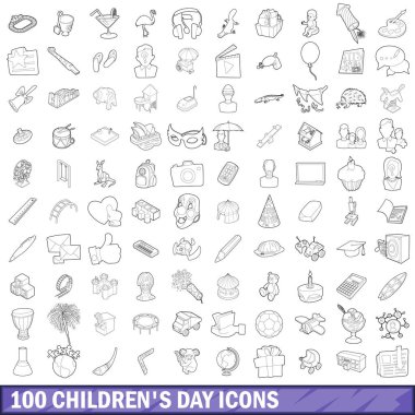 100 çocuk gün Icons set, anahat stili