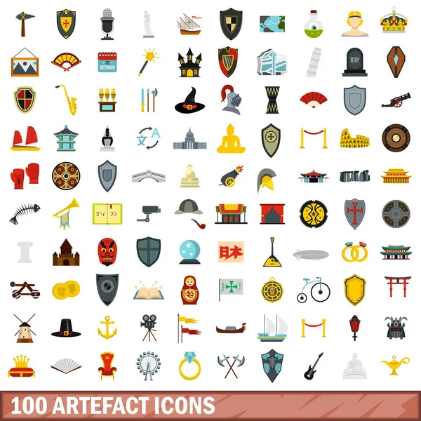 Conjunto de 100 iconos de artefacto, estilo plano — Vector de stock