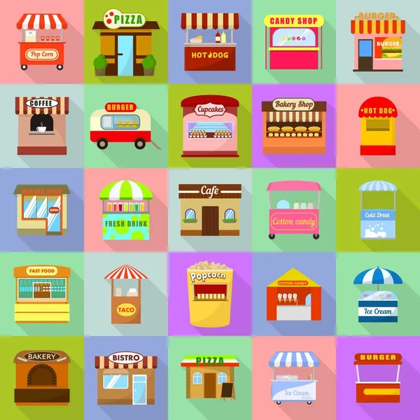 Street food kiosk icons set, flat style — Stock Vector